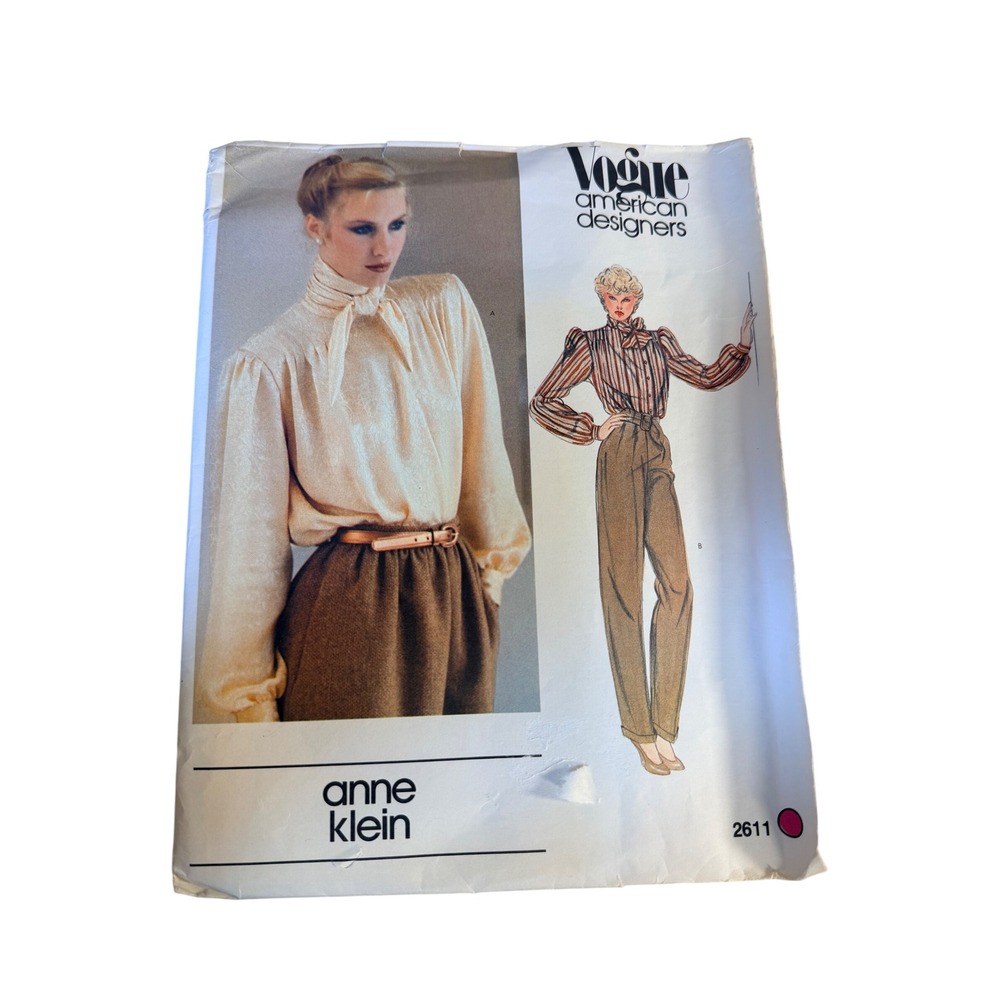 Uncut Anne Klein Vogue Blouse Pattern 2611 Size 14 Tie Neck 80s Career Chic
